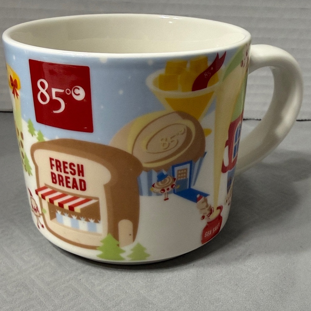85 Degree Bakery Cafe Collectible Ceramic Mug Cup with Festive Village Design
